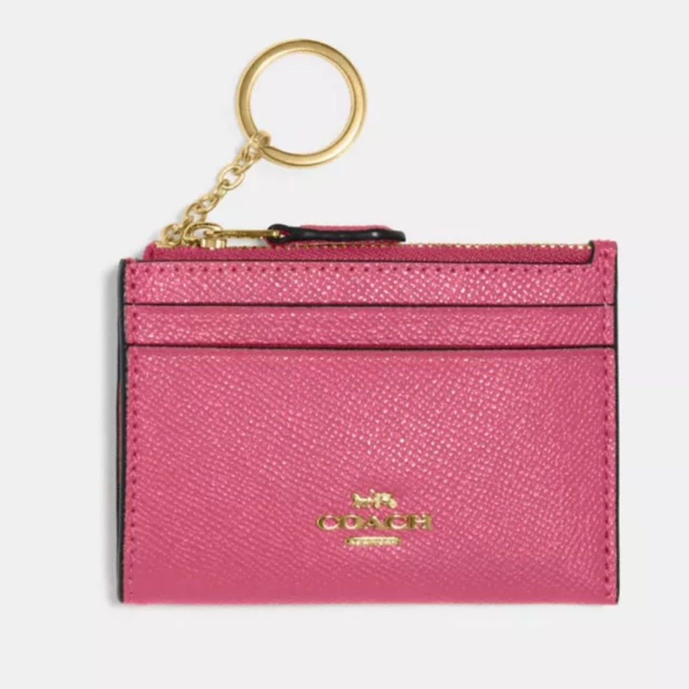COACH SKINNY ID COIN CARD HOLDER WALLET GOLD KEY RING FUCHSIA PINK COLOR